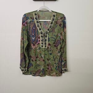 Boho Green Top Bejeweled Embellished Neckline Floral Paisley Print Long Sleeve L